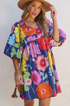 Elevate your style with our women's floral puff sleeve babydoll dress. lightweight, breathable, and loose fit for all-day comfort. perfect for any occasion. Southern Belle Style, Two Piece Set Pants, Floral Babydoll Dress, Evening Dresses Plus Size, Swimsuits High Waisted, Blue Floral Print, Plus Size Maxi Dresses, Plus Size Swimwear, Babydoll Dress