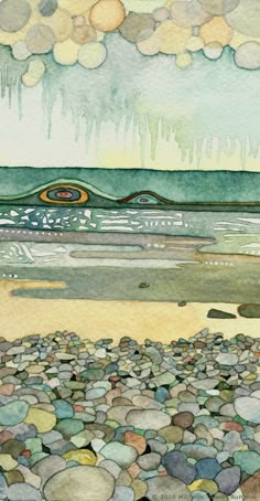 a painting of rocks and water on the beach