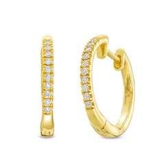 These hoop earrings with round brilliant cut diamonds are the perfect every day staple. Small Diamond Hoop Earrings With Single Diamond, Yellow Gold Small Hoop Diamond Earrings With Single Diamond, Timeless Diamond Hoop Earrings With Single Diamond, Classic Hoop Huggie Earrings With Pave Setting, Classic Diamond Hoop Earrings With Single Cut Diamonds, Small Hoop Diamond Earrings In Yellow Gold, Diamond Hoop Earrings With Single Diamond, Small Diamond Hoop Earrings With Pave Setting, Yellow Gold Hoop Earrings With Single Diamond