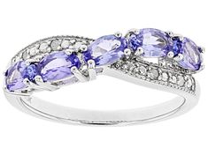 0.94ctw Oval Tanzanite With 0.03ctw Round White Diamond Accent Rhodium Over Sterling Silver Ring. Measures Approximately 0.85"L x 0.17"W. Not sizeable. Multi-stone Stackable Rings, Oval Stackable Rings With Diamond Accents For Anniversary, Sliver Ring, Fashion Rings Silver, Tanzanite Diamond Ring, Fancy Rings, Tanzanite Diamond, Rings Silver, Tanzanite Gemstone