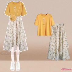 Qteee - Stylish T-Shirt with Exquisite 3D Flower Embroidery, paired with a Delicate Floral Print Skirt Casual Short Sleeve Spring Sets, Spring Crew Neck Sets, White Short Sleeve Spring Sets, White Short Sleeve Sets For Spring, Casual Short Sleeve Top With Fake Two-piece Design, Casual Short Sleeve Fake Two-piece Top, Casual Cotton Sets With Floral Embroidery, Yellow Casual Sets With Floral Print, Yellow Casual Floral Print Sets