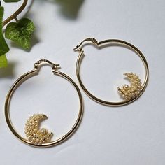 Pretty Hoop Earrings 14k Gold Plated Over Steel Crescent Moon With Faux Pearls Design Lighten Hoops New #31 Trendy Casual Dressy Work Office Wedding Party Bohemian Celestial Gold Moon Shaped Metal Hoop Earrings, Gold Moon Shaped Hoop Earrings, Gold Moon-shaped Metal Hoop Earrings, Elegant Crescent Hoop Earrings With Moon Charm, Metal Hoop Earrings With Moon Charm, Hoop Earrings With Moon Charm, Round Metal Hoop Earrings With Moon Charm, Elegant Hoop Earrings With Moon Charm, Elegant Dangle Hoop Earrings With Moon Charm