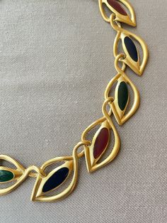 "ANNE KLEIN Poured Glass Enamel Statement Choker Collar Necklace Runway Couture Designer Jewelry c. 1980s -This necklace is truly stunning! It features openwork abstract leaf shaped links in a luxurious matte gold finish, with centers of byzantine style poured glass enamel in shades of blue, pink, and green. -Excellent vintage condition with very little (if any!) wear -Measures approximately 16 1/2\" long x 1\" wide -Signed on hangtag Anne Klein" Black Tissue Paper, Abstract Leaf, Choker Collar Necklace, Cardboard Jewelry Boxes, Statement Choker, Couture Designers, Choker Collar, Elegant Chic, Fashion Outfit