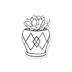 a black and white drawing of a potted succulent on a white background