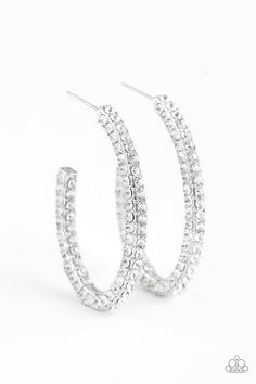 Glassy white rhinestones are encrusted along three sides of an abstract silver hoop for a glamorous look. Earring attaches to a standard post fitting. Hoop measures 1" in diameter. Sold as one pair of hoop earrings. P5HO-WTXX-047XX Paparazzi Jewelry Images, Paparazzi Accessories Jewelry, White Hoop Earrings, Medium Hoop Earrings, Glamorous Look, Paparazzi Accessories, White Rhinestone, Big Earrings, Paparazzi Jewelry