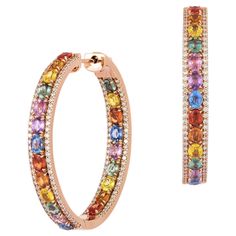 The Following Items we are offering is this Rare Important Radiant 18KT Gold Gorgeous Glittering and Sparkling Magnificent Fancy Rainbow Multi Color Sapphire Hoop Earrings. Earrings contain approx 11.50CTS of Beautiful Fancy Color Sapphires and Diamonds!!! Stones are Very Clean and Extremely Fine!!! These Gorgeous Earrings are a Rare Sample Pair from a Private Manufacturer that sold to select Five Star Hotels and Fine Jewelry Stores. Comes NWT $20,000.00. A Pair of Exquisite Masterpieces!!! Luxury Multicolor Small Hoop Earrings, Elegant Multicolor Hoop Earrings, Luxury Rainbow Hoop Jewelry, Luxury Multi-stone Gold Hoop Earrings, Sapphire Hoop Earrings, Rainbow Sapphires, Classy Jewelry, Fabulous Jewelry, Diamond Hoop Earrings