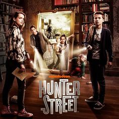 a movie poster for hunter street with two people standing in front of a bookcase