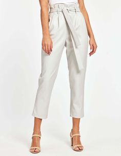 Vegan Leather bag pants are perfect for a casual or sophisticated look. These pants are a must have for any closet. Style 75053 100% Polyurethane New Spring Colors: White, and Light Blue Available in Light Grey, French Blue, Mint, Oyster, Black, Blush, Brown, Camel, Green, Taupe XS=0, S=2-4, M=6-8, L=10, XL=12 Details & Care Instructions PU Relaxed belted tie- waist Mid-rise Dry clean only Imported Sizing and Fit True to size Model is 5 9” wearing size S XS Waist: 27" Hip: 31" Inseam: 24 7/8" S Chic Paperbag Waist Pants For Work, Chic Paperbag Waist Pants For Business Casual, Chic Business Casual Paperbag Waist Pants, Chic Paperbag Waist Bottoms For Workwear, Chic Paperbag Waist Bottoms For Office, Elegant Paperbag Waist Bottoms For Business Casual, Elegant Office Bottoms With Paperbag Waist, Elegant Paperbag Waist Bottoms For Office, Elegant Paperbag Waist Office Bottoms