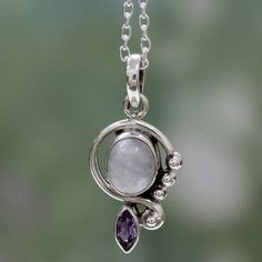 Rainbow moonstone and amethyst pendant necklace, 'Yours Forever' - Rainbow Moonstone Handcrafted Amethyst Silver Necklace Amethyst Pendant Necklace, Womens Silver Jewelry, Amethyst Necklace Pendant, Silver Jewels, Silver Jewelry Handmade, Amethyst Necklace, Amethyst Pendant, Silver Pendants, White Stone