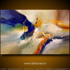 an abstract painting with blue, yellow and white colors