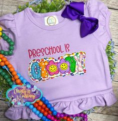 Preschool is Groovy, Preschool, First Day of Preschool Shirt, First Day of School, Back to School Shirt, Pre K Shirt, School Outfit You are welcome to suggest different colors if you wish. Please message me or leave in the notes to seller box.  I do not accept returns on custom or personalized items.  Feel free to message me with any questions and your custom order request.  I will be more than happy to work with you to get item you like.   There may at times be a slight difference between real Cotton Tops For Playtime And Back To School, Casual Purple School Top, Playful T-shirt For School In Spring, Preppy Short Sleeve School T-shirt, Cotton Tops For School Spirit Playtime, Preppy Short Sleeve T-shirt For School, Long Sleeve Tops For End Of School Year Events, Long Sleeve Tops For School Events, End Of School Year Long Sleeve T-shirt