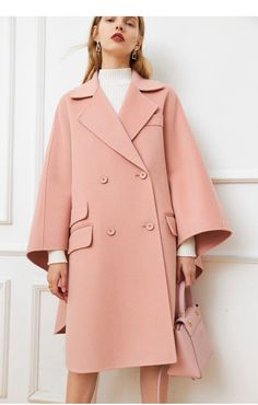 Oversized Elegant Cape For Spring, Pink Wool Coat With Lapel Collar For Fall, Oversized Pink Single-breasted Outerwear, Spring Oversized Wool Coat In Solid Color, Solid Cape Outerwear For Work, Pink Wool Outerwear For Office, Beige Long Sleeve Cape For Work, Elegant Oversized Pea Coat For Office, Long Sleeve Beige Cape For Work