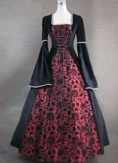 Medieval Renaissance Victorian Fair Queen Velvet Red Floral Print Brocade Ball Gown Dress Theatrical Costume     Condition: Brand New   Color: amp;nbsp; As Picture   Material: Brocade   Silhouette: Ball Gown   Sleeve Length: Full Sleeve   Dresses Length:Floor-Length   Neckline:Square Collar   Decoration: Lace   Style: Vintage   Includes: Dress     More Detail: About 45 inches (114 cm) long from waist to hem regardless of size. This dress is pictured with a 4-hoop skirt underneath to achieve the Era Victoria, Gaun Abad Pertengahan, Red And Black Dress, Gothic Party, Full Sleeves Dress, Medieval Gown, Skin Aesthetics, Mode Tips, Old Dresses