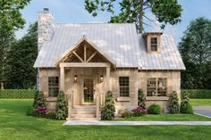 a small wooden house with a porch and windows on the front, surrounded by lush green grass