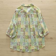 Women's Summer Floral Patchwork Shirt Top Floral Vintage Casual Shirt Mid Sleeve Spring Green Patchwork Blouse, Relaxed Fit Collared Patchwork Shirt, Relaxed Fit Summer Tops With Patchwork, Green Printed Half Sleeve Blouse, Multicolor Half Sleeve Blouse For Summer, Patterned Patchwork Long Sleeve Tops, Green Patchwork Button-up Shirt, Cotton Patchwork Button-up Tops, Green Patchwork Tops For Spring