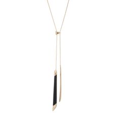 Reversible Necklace 18.5" L With 3" Extender Lucite Spear Is 3" Long By 0.5" 10k Gold Metal Made In Usa Black Lucite Sleek Adjustable Jewelry With Polished Finish, Modern Gold Necklace With Black Enamel, Chic Lariat Jewelry With Adjustable Length, Chic Adjustable Lariat Jewelry, Luxury Lariat Necklace With Adjustable Chain For Evening, Black Long Necklace With Adjustable Length, Chic Long Necklace With Adjustable Chain For Formal Occasions, Chic Long Necklace With Adjustable Chain For Formal Events, Elegant Black Necklace With Adjustable Length