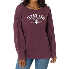 Combine a fashion-forward design and comfort with this Texas A&M Aggies Brooklyn pullover sweatshirt. It features roomy balloon sleeves that add a stylish flair and acid-washed fabric for a vintage look. Texas A&M Aggies graphics printed on the front make your fandom easy to see. Virginia Tech Hokies, Virginia Tech, Texas A&m, Balloon Sleeves, Vintage Look, Pullover Sweatshirt, Vintage Looks, Brooklyn, Virginia