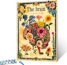 the brain is surrounded by colorful flowers and plants on a yellow background with beads around it