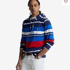 Nwt Polo Ralph Lauren Striped Jersey Hooded T-Shirt Color: Blue Multi Combining The Look Of Hoodie With Lightweight Cotton Fabrication, The Polo Ralph Lauren Striped Jersey Hooded T-Shirt Is A Great Choice To Style For Transition Weather. Drawstring Hood And Long Sleeves. Signature Embroidered Animal On The Left Chest. Regular Fit. Straight Hem. Allover Horizontal Striped Pattern. 100% Cotton. Machine Washable. Imported. Casual Striped Hooded Top, Navy Cotton Hooded Tops, Navy Cotton Hoodie Top, Sporty Multicolor Top With Drawstring Hood, Sporty Navy Hoodie Top, Maroon Shirts, Striped Jersey, Mens Stripes, Long Sleeve Tee Shirts