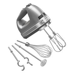 an electric hand mixer with various kitchen utensils in front of it on a white background