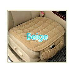 an image of the inside of a car seat cover that is beige and has blue lettering on it