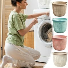 a woman squatting next to a washing machine with four baskets in front of her