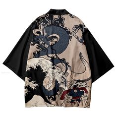 Our Dragon Japanese Kimonos is a tribute to the timeless beauty of traditional Japanese fashion. This kimono features exquisite dragon designs that symbolise strength, power, and good luck. Crafted from high-quality materials, these kimonos are lightweight, breathable, and comfortable to wear. The dragon designs are expertly printed, adding a touch of elegance and sophistication to the overall design *The product runs smaller so if you are L order XXL Key Characteristics: Unisex Material: Smooth Dragon Print Clothes, Black Long Sleeve Samurai Kimono, Samurai Style Kimono For Tea Ceremony, Black Samurai Kimono With Kimono Sleeves, Black Printed Kimono With Kimono Sleeves, Black Long Sleeve Kimono For Tea Ceremony, Long Sleeve Black Kimono For Tea Ceremony, Traditional Japanese Fashion, Haori Pattern