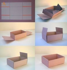 four different views of an origami box with dividers on each side and inside