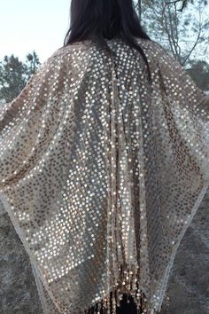 Light Gold Round Sequin Caftan Kimono Party Top Duster One size – Moddy Vintage Party Festival Sequins Kaftan, Gold Kaftan For Party And Festivals, Wedding And Festival Sequined Kaftan, Long Sequined Kaftan For Party, Bohemian Sequin Kaftan For Parties, Party Kaftan With Mirror Work For Festivals, Festive Cape-style Kaftan For Parties, Bohemian Sequin Kaftan For Festivals, Bohemian Festival Kaftan With Sequins