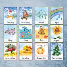 four months of the year cards with pictures of animals, flowers and plants on them