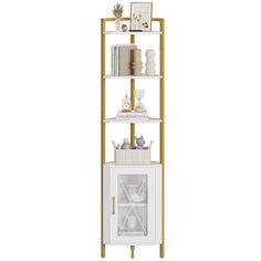 PRICES MAY VARY. 【6-TIER CORNER SHELF】Four open storage shelves offer vertical space to show off your adornment and keep oft-used items close at hand, while mesh door cabinet works perfectly for ventilated storage and helps to keep your living space neat and tidy. Overall Dimensions: 12.6"L x 12.6"W x 71.3"H 【SPACE-SAVING & MULTIPURPOSE】This shelving unit fits easily into any nook with its compact design. Except for being used as corner bookshelf, it also servers well as storage rack in bathroom Tall Corner Shelf, Bookshelf With Storage, Gold Bookshelf, Home Office White, Free Standing Storage, Corner Bookshelves, Cabinet Modern, Console Table With Drawers, Tall Bookcases