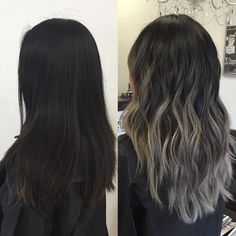 Black Silver Ombre, Ash Gray Hair Color, Silver Ombre Hair, Gray Highlights, Grey Ombre Hair, Ash Hair Color, Black Ponytail Hairstyles, Silver Ombre