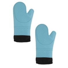 two blue oven mitts with black fingertipss on top of each other, one has a