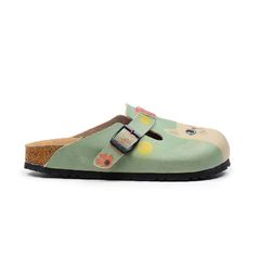 Casual Synthetic Mules With Cork-bed Midsoles, Comfortable Flat Clogs With Rubber Sole, Green Synthetic Slippers With Round Toe, Spring Low-top Clogs With Rubber Sole, Spring Outdoor Slippers With Textured Footbed, Low-top Clogs With Rubber Sole For Spring, Slip-on Clogs With Textured Footbed And Flat Heel, Green Synthetic Casual Mules, Casual Green Synthetic Mules