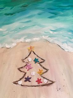 a painting of a christmas tree on the beach