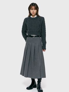 The classic mood pleated skirt that made of wool blended fabric. Featuring the pleated design throughout, voluminous silhouette that create feminine mood, and maxi length. Style with sweater, shirts, and boots to create stylish outfits. - Pleated detail throughout the skirt- Voluminous silhouette and maxi length- Belt loops and side zipper closure detail- Wool blended material in basic colorway- Daily and wearable item in FW seasons Grey Long Skirt Outfit, Gray Pleated Skirt Outfit, Grey Pleated Skirt Outfit, Grey Maxi Skirt Outfit, Long Pleated Skirt Outfit, Pleated Maxi Skirt Outfit, Wool Skirt Outfit, Gray Skirt Outfit, Pleated Midi Skirt Outfit