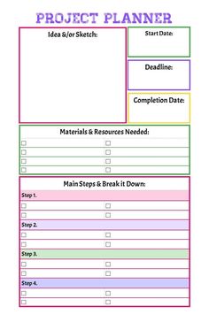 the project planner is shown in pink, green and blue with instructions to make it easier for