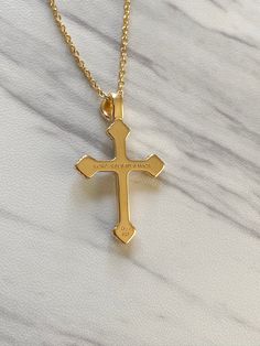 "This cross takes inspiration from beautiful Celtic knots and creates an elegant and modern blend of nature and luxury. Premium Sterling Silver Chain Included: Includes our signature sterling silver 925 chain that is offered in 16\", 18\", 20\", or 24\". Pendant Length: 26 mm Pendant Width: 20 mm Free Shipping & Returns on All Orders Materials & Crafting: 18K Gold Vermeil: Solid sterling silver (highest quality and purity of silver used for fine jewelry) coated with a thick layer of 18K Cross Pendant Necklace With Cable Chain As Gift, Luxury Cross Necklace For Formal Occasions, Luxury Formal Cross Necklace, Luxury Tarnish Resistant Cross Pendant Jewelry, Luxury Gold Crucifix Cross Necklace, Luxury Tarnish-resistant Cross Pendant Jewelry, Luxury Sterling Silver Cross Necklace, Luxury Cross Jewelry With Adjustable Chain, Luxury Cross Pendant Necklace