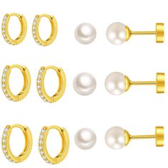 PRICES MAY VARY. Small earrings: One order includes 3 pairs small huggie hoop earrings,3 pairs flat back earrings gold pearl. You can wear them flexibly, either alone or together. They are so light that you can hardly feel their presence. Best hypoallergenic earrings: Pearl earrings can be worn with gold huggie hoop earrings, make you the most dazzling in the crowd, you will receive a lot of praise.Flat back design & screw back design, won't stab your skin. Cartilage earrings: In particular 4mm Cheap Everyday Earrings With Charms, Helix To Lobe Earrings, Cute Earrings Target, Mini Hoop Earrings Pearl, Earring Sets Stud, 4 Mm Earring, Flat Back Earrings Pearl, Ear Rings Gold Indian Daily Wear Studs, Gold Huggie Hoop Earrings