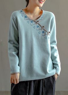 Natural Light Blue Embroideried Oriental Button Wool Knitted Tops Winter Tops Winter, Winter Light, Knitted Tops, Comfortable Room, Cup Size, Beauty Women, Natural Light, Loose Fitting, Light Blue