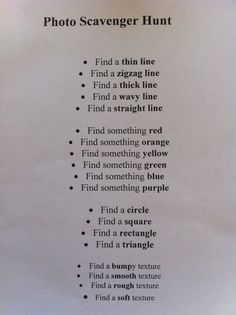 a photo scavenger hunt is shown on a piece of paper with the words find a thing line