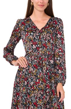 A curved hemline accentuates the flowy silhouette of this graceful floral-print dress. 51" length Hidden back-zip closure V-neck Long sleeves with elastic cuffs Partially lined 100% polyester Dry clean Imported Fall Floral Print Rayon Dress, Fall Floral Print Viscose Maxi Dress, Fall Floral Print Viscose Dress, Floral Print Viscose Dresses For Fall, V Neck A Line Dress, Vince Camuto Dress, Line Dress, Nordstrom Dresses, Floral Print Dress