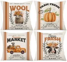 four pillows with farm animals and pumpkins on them, one is for the market