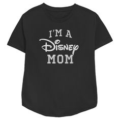 Show your love for everyone's favorite brand for children and adults alike with this officially licensed Disney Mom Fan Women's Relaxed Fit Graphic T-Shirt! This essential design reads: "I'm a Disney mom" printed in distressed white font across the front. Grab some simply classic Disney logo apparel for the whole family today and dress the part for your next trip to the Disney parks or just lounging around Disney style! Character Print T-shirt For Disney Fan Events, Disney Fan Apparel T-shirt With Short Sleeves, Disney Fan Apparel Short Sleeve T-shirt, Black Disney T-shirt For Fan Events, Black Disney Fan Merchandise T-shirt, Cotton T-shirt With Letter Print For Disney Fans, Graphic Tee With Letter Print For Disney Fan Events, Black Disney Graphic Tee, Disney Fan Merchandise Top, Pre-shrunk