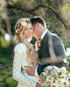 a bride and groom standing next to each other