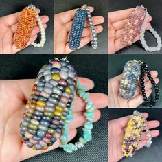 four different types of beaded bracelets in various colors and sizes, each being held by someone's hand