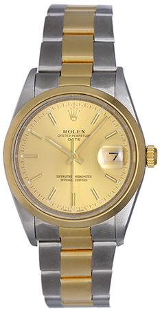 Rolex Date, Model 15203 - Men's automatic winding wristwatch with date. Stainless steel case with 18k yellow gold smooth bezel (34mm diameter). Champagne dial with raised gold stick markers. Stainless steel and 18k yellow gold Oyster bracelet. Pre-owned Formal Yellow Automatic Watch, Classic Round Watch Accessories With Day-date Display, Timeless Yellow Gold Watches With Date Display, Classic Watch Accessories With Day-date Display, Classic Gold Watch With Date Display, Classic Yellow Gold Watch Accessories With Date Display, Classic Yellow Gold Watch With Day-date Display, Classic Yellow Gold Watch Accessories With Day-date Display, Classic Yellow Chronometer Watch