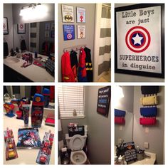 the bathroom is decorated in captain america colors and has pictures on the wall above it