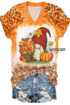 Get Ready For Fall~ Just only $19.99 Cute Printed Tops For Fall, Cute V-neck Top For Fall, Cute Multicolor Tops For Fall, Printed Short Sleeve T-shirt For Fall, Cute Multicolor Fall T-shirt, Fall V-neck T-shirt With Letter Print, Fall Letter Print V-neck T-shirt, Gnome Pumpkin, Weekend Festival