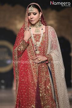 Red Wedding Dress Red Naqshi Traditional Wear For Wedding, Red Naqshi Sharara For Wedding, Red Naqshi Sharara With Traditional Drape, Red Sharara With Naqshi In Traditional Drape, Red Unstitched Sharara With Naqshi Detailing, Red Sharara With Naqshi For Eid, Red Naqshi Dupatta For Wedding, Festive Red Sharara With Naqshi Detail, Kundan Anarkali With Naqshi Detailing